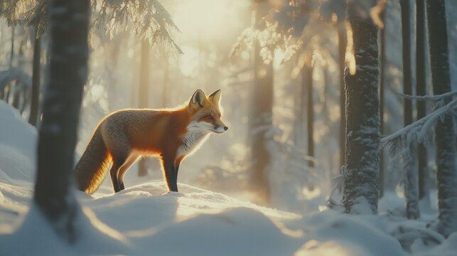 Fuchs im Schneewald bei Sonnenuntergang