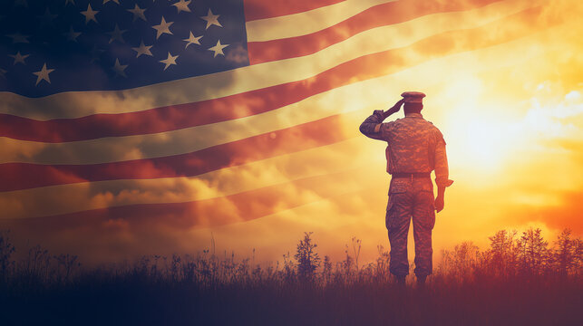Silhouette of soldier saluting against an American flag backdrop at sunset. - Powered by Adobe