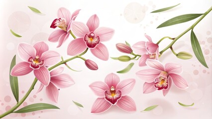 Fototapeta premium Delicate Pink Orchids with Green Leaves and Abstract Circles, Floral , botanical