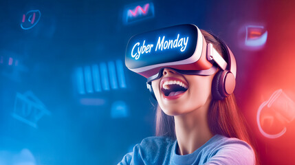 Young woman enjoying virtual reality shopping experience on Cyber Monday.