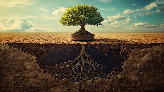 A bonsai tree, its roots growing in a small pot, superimposed on a vast field. This image represents the limitations and constraints of life. Double Exposure.[Bonsai]:[The Struggle of Life and 