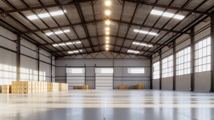 Fototapeta premium Spacious and Well-Lit Industrial Warehouse Interior