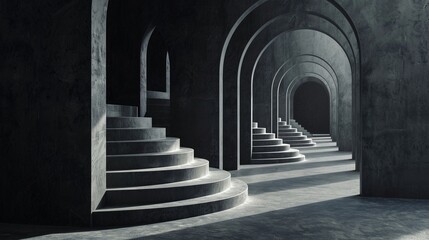 Obraz premium Minimalist archways and staircases in dim light image. Monochrome architectural stairs arches photography scene wallpaper. Surreal perspective. Optical illusion concept photorealistic