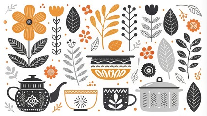 Black and Orange Kitchenware with Floral Pattern, Kitchen Decor, Homeware ,floral, kitchenware