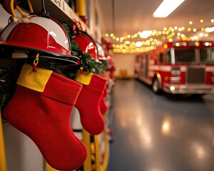 A festive scene featuring red stockings and firefighter helmets, adorned with greenery, set in a fire station decorated with twinkling lights.