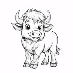 Cute Cartoon buffalo of Happy Highland Cow with Cheerful Expression for kid's coloring page outline on white background