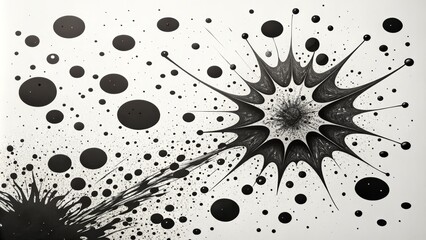 Abstract Black Ink Splashes and Circles on White Background, ink art, abstract art