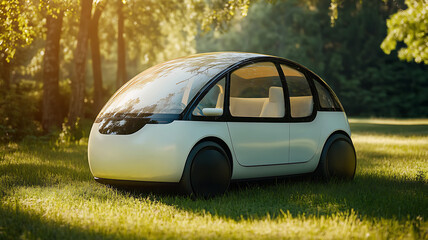 A creatively designed compact car with rounded edges and a transparent roof, photographed on a grassy field under natural sunlight, showcasing its whimsical shape