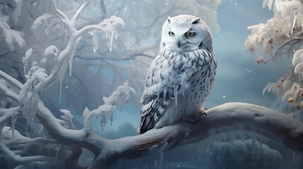 A magical snow owl perched on a frost-covered branch, overlooking a peaceful winter landscape aglow with the spirit of Christmas