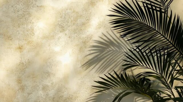 Shadows of palm leaves cast on a textured wall during a sunny afternoon in a tropical setting