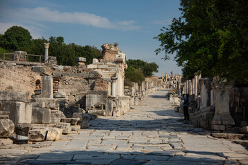 One of the main streets, lined with shops and columns, in the ancient Roman city of Ephesus. The city dates back to about the 10th Century BC.