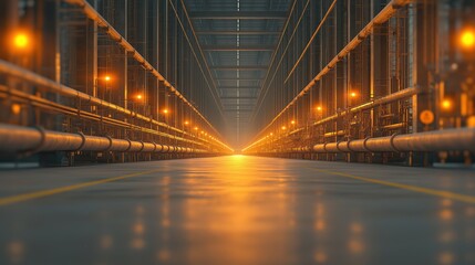 Fototapeta premium A long, empty, dimly lit tunnel with yellow lights
