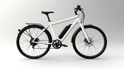 A minimalist electric bicycle with a square-shaped frame and integrated lights, photographed in a modern studio setting with bright, clean lighting