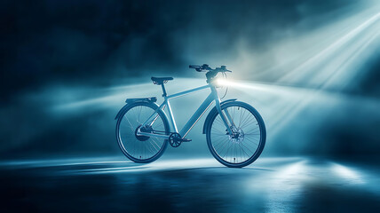 Obraz premium A minimalist electric bicycle with a square-shaped frame and integrated lights, photographed in a modern studio setting with bright, clean lighting