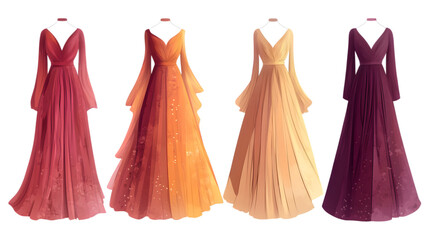 Set of elegant long dresses isolated on a transparent background.