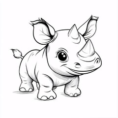 Obraz premium Cute Cartoon Rhinoceros Character with Big Eyes and Smiling Expression for kid's coloring page outline on white background