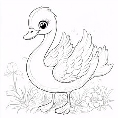 Obraz premium Adorable Cartoon Swan with Floral Background for kid's coloring page outline on white background