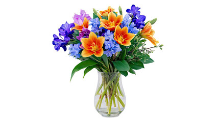 Colorful Bouquet of Tulips and Delphiniums in Glass Vase  
