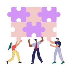 People hold puzzles in their hands. Business teamwork concept. Vector illustration. 