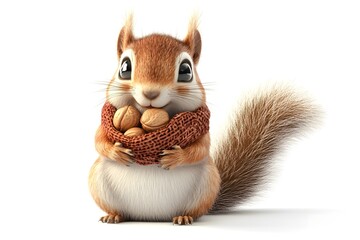 Chilly Squirrel Storing Nuts in 3D Cartoon Style on White Background