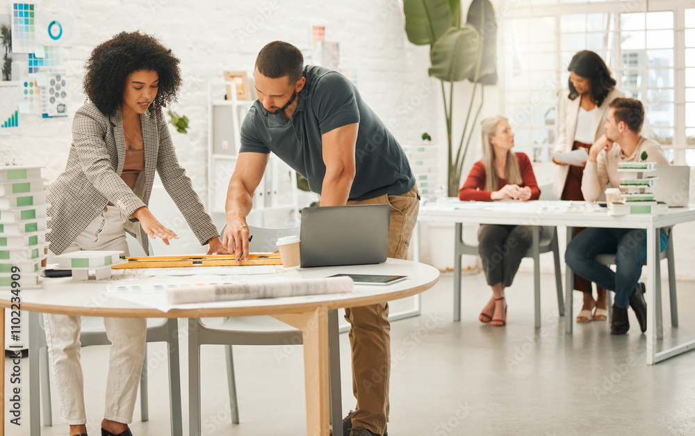 Aufkleber Collaboration, documents and model with architect people in office together for building or construction. Blueprints, laptop or planning with man and woman property developer team in workplace