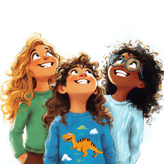 Obraz premium An illustration featuring three diverse children curly hair looking upwards with wonder, joy, curiosity and imagination, creating a warm and inclusive atmosphere for a children's book cover