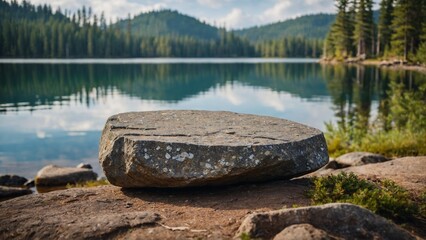 Empty large flat rock mockup surface with evergreen pine tree forest and mountains around a lake background