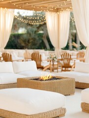 Relaxing outdoor lounge with fire pit coastal resort lifestyle elegant ambiance serene atmosphere comfort and style