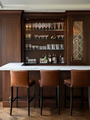 Fototapeta premium Stylish home bar setup modern kitchen interior design cozy atmosphere eye-level view entertaining concept