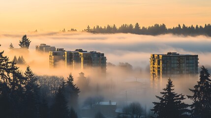 Fototapeta premium Golden Sunrise Fog Envelops Modern Apartment Buildings