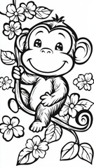 Obraz premium a cute monkey sitting on a branch with flowers, surrounded by a white background The monkey is sketched in black and white, and the flowers are in full bloom, addi