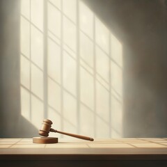 A wooden gavel sits on a table in front of a window