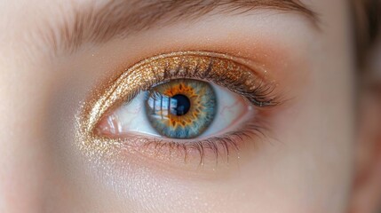 Obraz premium Close-up of a Beautiful Eye with Unique Makeup Featuring Orange and Gold Tones, Showcasing Colorful Iris and Capture of Light Reflection in Eye