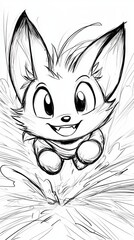 Fototapeta premium a pencil sketch of a cartoon fox with a big smile on its face, set against a white background The fox has a cute, cartoon-like appearance, with its ears perked up