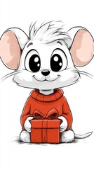 Naklejka premium a cute cartoon mouse wearing a red sweater and holding a red gift box against a white background