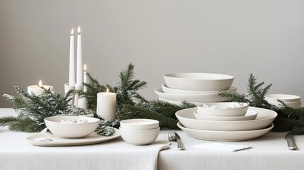 Fototapeta premium Modern minimalist dining table set for Christmas, with elegant white plates, natural greenery, and candles adding a festive touch.