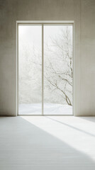 Fototapeta premium Minimalist studio with large window showcasing frosted trees, evoking winter beauty