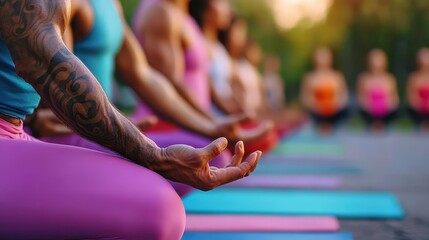 Capturing a serene moment, this image depicts individuals engaged in a peaceful group yoga session outdoors, promoting a sense of mindfulness and tranquility.