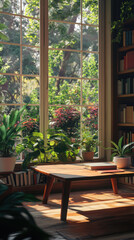 Stylish living room features wooden table surrounded by plants and books