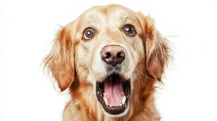  a golden retriever with its mouth open and tongue out, set against a white background Its fur is a warm golden color, and its eyes are bright and alert Its ears a