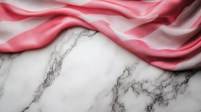  a close up of a pink and white silk fabric draped over a white marble surface The fabric has a smooth, glossy texture and the colors blend together to create a bea