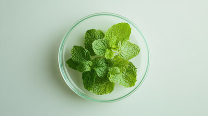 Fresh mint leaves arranged in bowl, showcasing vibrant green colors