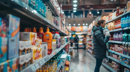 Fototapeta premium Supermarket aisle with shelves stocked with colorful products