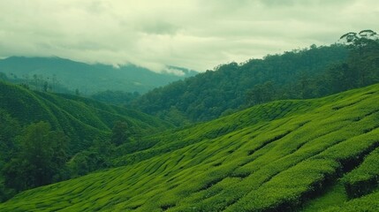 Fototapeta premium Lush Green Tea Plantations Nestled in the Misty Himalayan Mountains