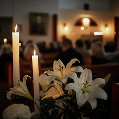 A somber gathering occurs in a small chapel as guests reflect quietly during a funeral service