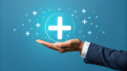 Male hand holding plus icon on blue background. Plus sign virtual means to offer positive thing like benefits, personal development, social network Profit,health insurance, growth concepts