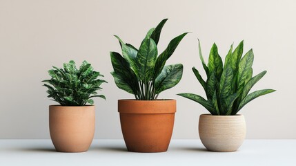Fototapeta premium Three house plants of varying sizes placed side by side in minimalist pots, showing small, medium, and large growth stages.