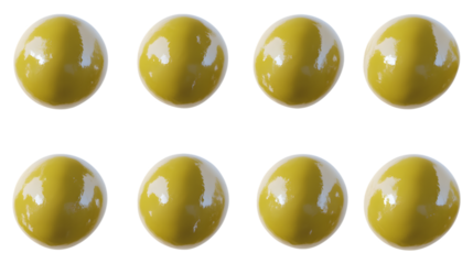 Yellow spheres with white, shiny surfaces, arranged in the same position isolated on a transparent background.