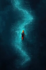 Fototapeta premium Kayaker paddling through luminescent waters at night, aerial view. Vibrant blue light trails