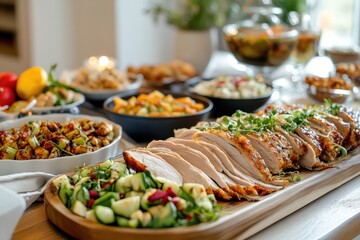 A Beautifully Arranged Feast Featuring Sliced Roasted Chicken, Colorful Salads, and Vibrant Side Dishes, Perfect for Celebrating Gatherings and Special Occasions